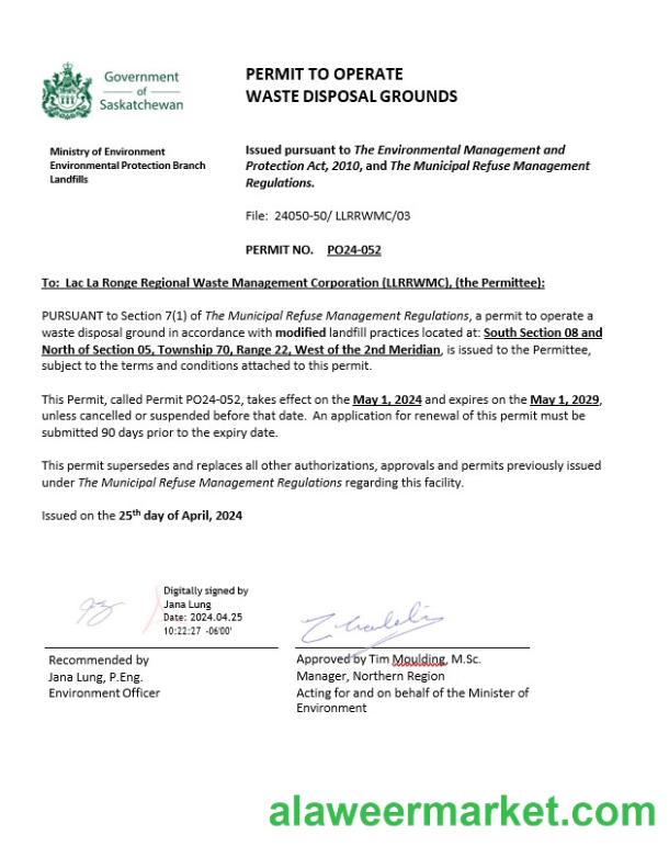 Canada Saskatchewan Permit to operate waste disposal grounds